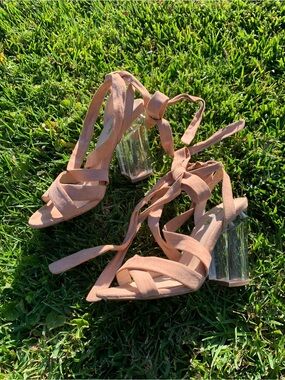 Qupid Beige Leg-Wrap Clear Block Heels